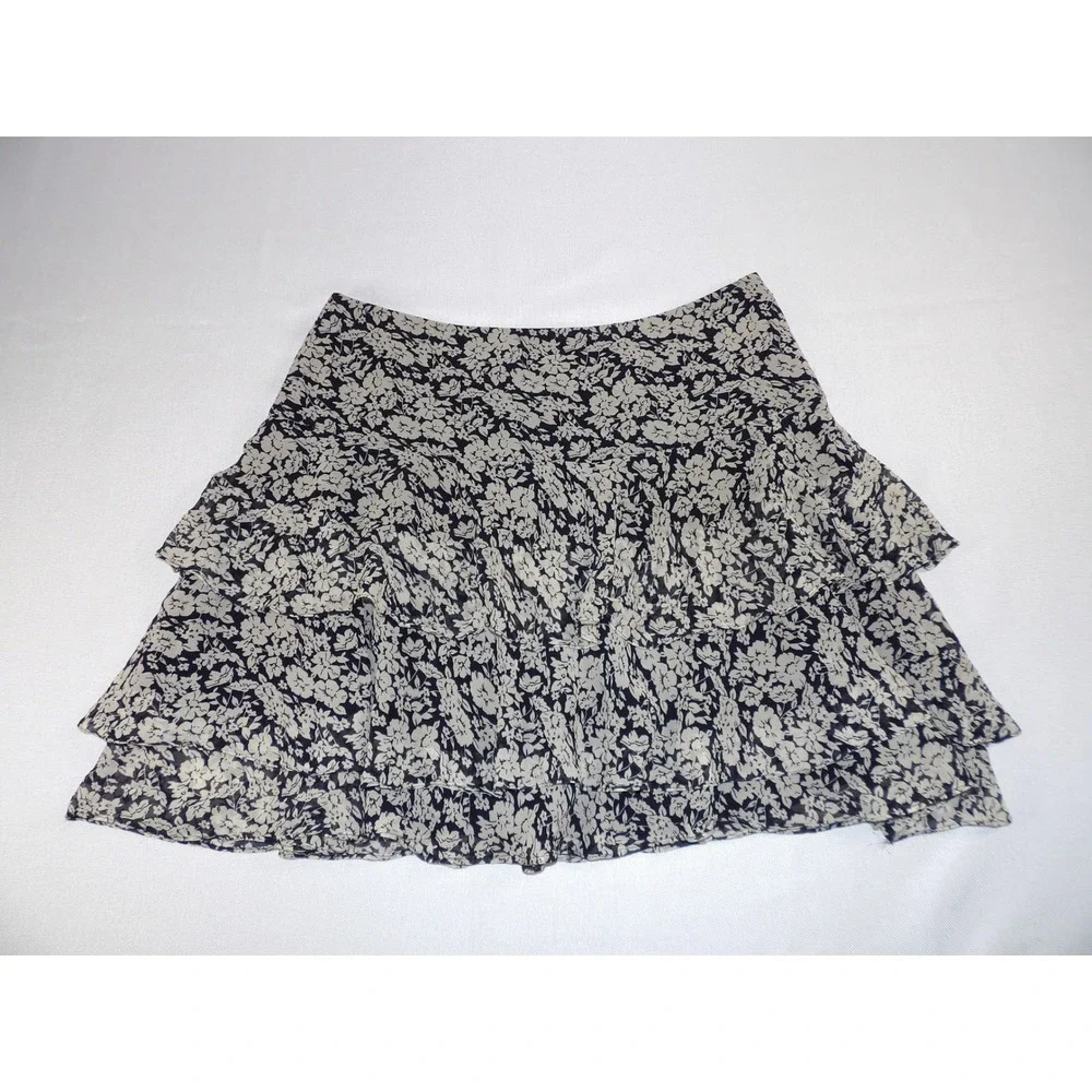 Lauren Ralph Lauren Skirt Women 12 Navy Blue Silk Floral Tiered Ruffle Mini
